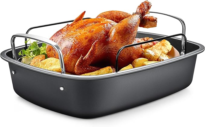 Nonstick Turkey Roasting Pan with Rack - 17횞13 Inch Extra Large Roaster Pan, Deep Turkey Tray for Oven, U-Shaped Rack, Wider Handles, Ideal for Ovens, Thanksgiving, and Christmas