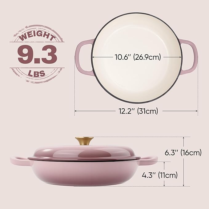 Vintage Style 3 Quart Enameled Cast Iron Braiser, Non Stick Enameled Cast Iron Skillet with Lid, Dutch Oven Skillet with lid up to 500째F for Oven, Stove, Grill, Shallow Dutch Oven for Cook, Bake (Pink)