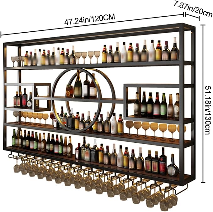 55in Wine Rack Wall Mounted, Large Capacity Hanging Wine Bottles Display Shelf with Glasses Holder, 4 Tier Industrial Bar Liquor Storage Shelves for Home Bar Kitchen,Living Room (Black, 95in)