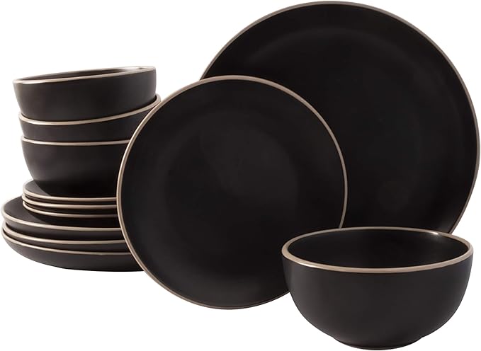 Gibson Home Rockaway 12-Piece Stoneware Dinnerware Set, Service for 4 ??Modern Round Plates and Bowls, Dishwasher & Microwave Safe, Black