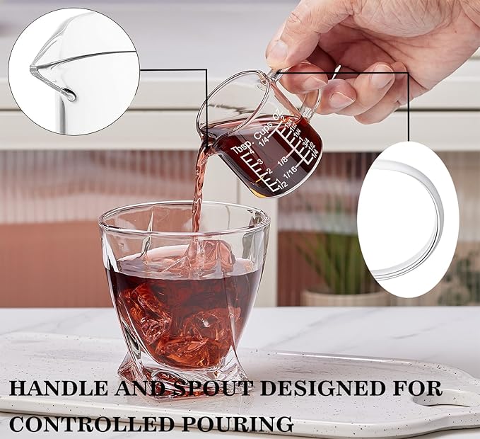 Ackers Etching Scale Measuring Glass -[Insulated handle | V-Shaped Spout]-Made of High Borosilicate Glass Measuring for Kitchen or Restaurant, Easy to Read, 60 ML (2 Oz) 訝?2 Pack)