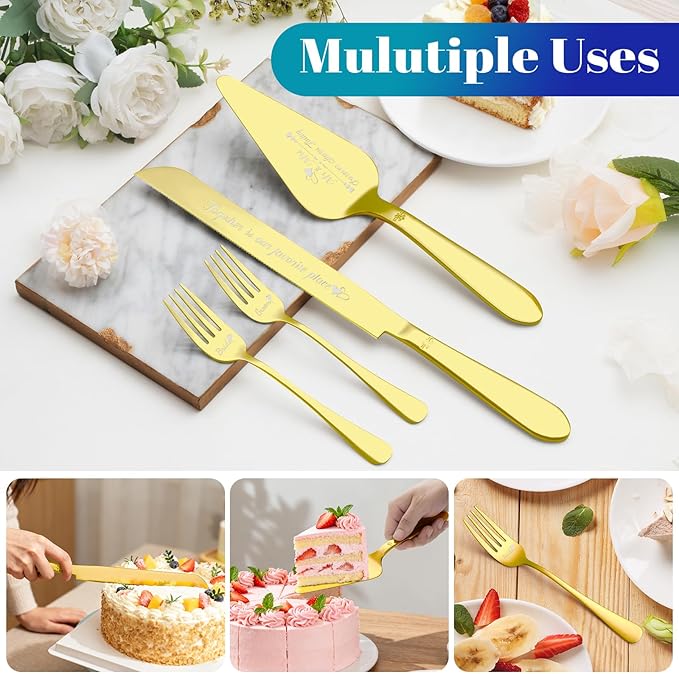 Cake Cutting Set for Wedding, Elegant Cake Knife and Server Set with Stainless Steel Forks, Cake Cutter and Pie Spatula for Couples Wedding Registry, Engagements, Anniversary, 4 Pcs, Gold