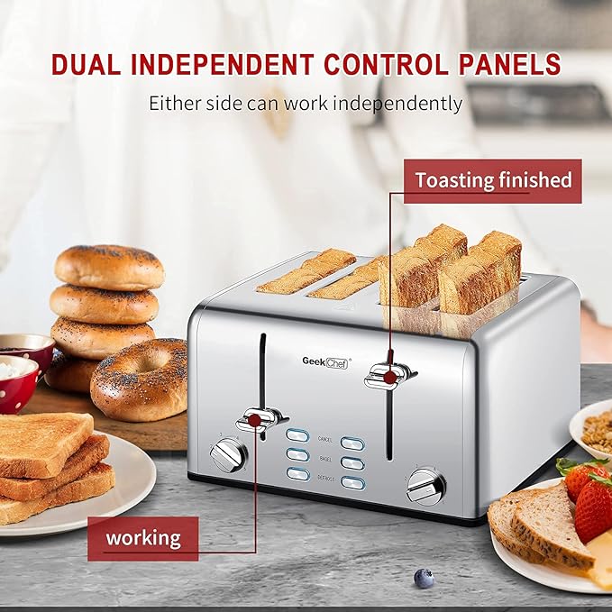 Toaster 4 Slice, Geek Chef Stainless Steel Toaster with Extra Wide Slotsï¼? Slot Toaster with Bagel/Defrost/Cancel Function, Dual Control Panel of 6 Toasting Bread Shade Settings, Removable Crumb Trays, High Lift Lever, ETL