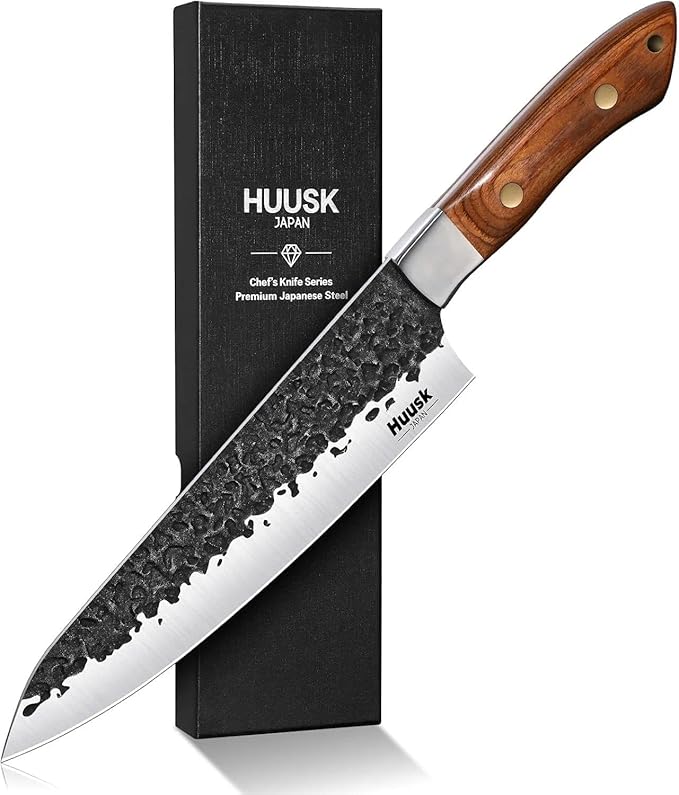 Huusk Japanese Chef Knife 8 inch, Hand Forged Kitchen Knives with Ergonomic Full Tang Handle, High Carbon Steel Cooking Knife for Home Kitchen, BBQ, Camping, Christmas Gifts for Man