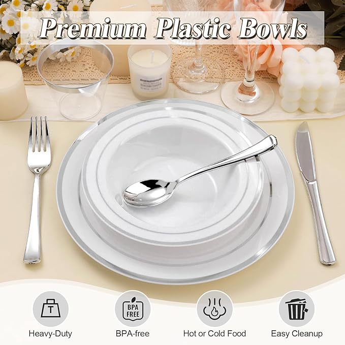 BESTSTAR 200 Pack Disposable Soup Bowls with Silver Rim, 12oz Premium Heavy Duty Plastic Dinner Bowls for Party, Wedding and Holiday