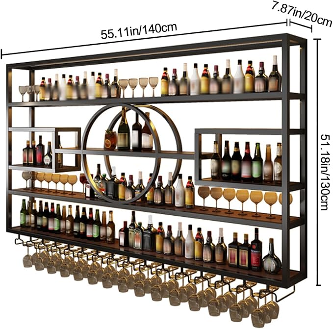 55in Wine Rack Wall Mounted, Large Capacity Hanging Wine Bottles Display Shelf with Glasses Holder, 4 Tier Industrial Bar Liquor Storage Shelves for Home Bar Kitchen,Living Room (Black, 110in)