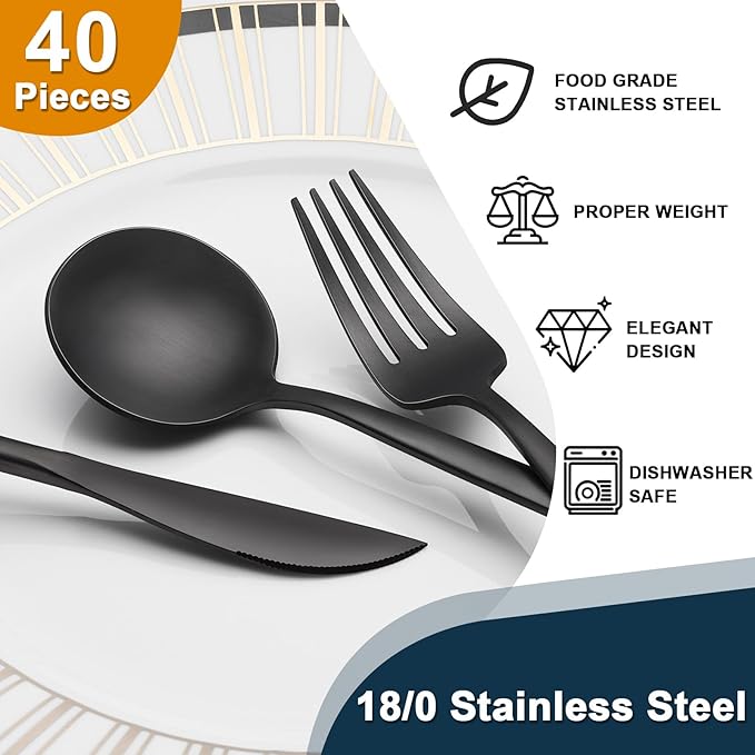 60 Pieces Black Silverware Set, Stainless Steel Flatware Set Service for 12, Tableware Cutlery Set, Utensils for Home, Restaurant, hotel, Include Knife Fork Spoon Set,Dishwasher Safe