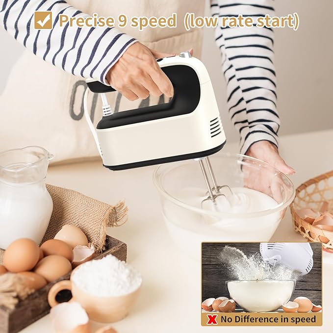 Yomelo 9-Speed Digital Hand Mixer Electric, 400W Powerful DC Motor, Hand Mixer Electric Handheld with Snap-On Storage Case, 5 Stainless Steel Accessories, Beaters, Dough Hooks, Whisk(Creamy/Black)