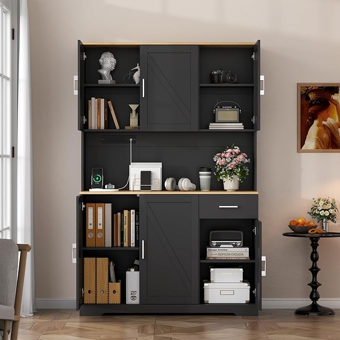 71'' Tall Kitchen Pantry Cabinet w/Power Outlet, Farmhouse Kitchen Storage Cabinet Freestanding Hutch w/Drawer, 4 Adjustable Shelf & 6 Doors for Dining (Black, 71?섃섽 x 40.24''W x15.28''D)