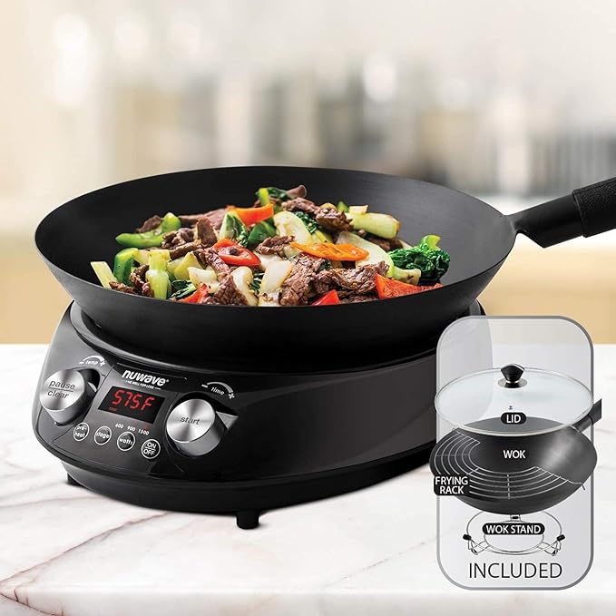 Nuwave Induction Wok, 3 Wattages 600, 900 & 1500, Precise Temp Controls from 100째F to 575째F in 5째F, Infuse Complex Charred Aroma & Flavor, Authentic 14-inch Carbon Steel Wok Included, Wok Hei