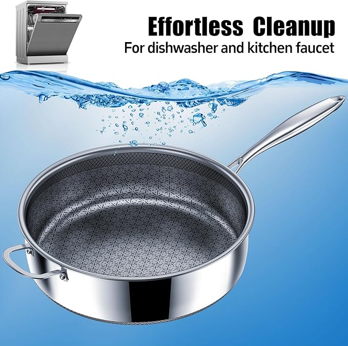 5 Qt Saut챕 Pan with Lid, 10-inch 5 Ply Stainless Steel Sauce Pan with Lid, Non Stick Frying Pans, Cooking Pot Deep Frying Pan Non-Toxic, For Induction, Oven, Dishwasher Safe