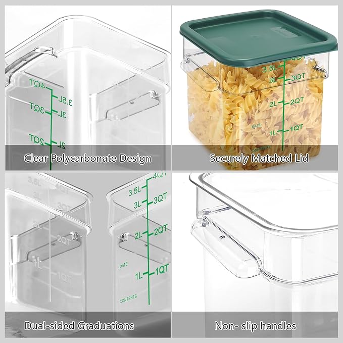 4 Pack Food Storage Containers with Green Lids, 2.0 Qt - Square, Clear, Polycarbonate, for Restaurant Commercial Kitchen and Home party
