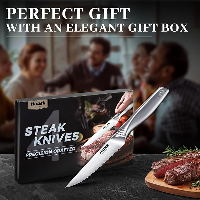 Huusk Serrated Steak Knives Set, 4.5" Japanese Stainless Steel Steak Knives Set of 4, Sharp Dishwasher Safe Dinner Knife for Kitchen Table with Gift Box, Christmas Gifts for Men Women
