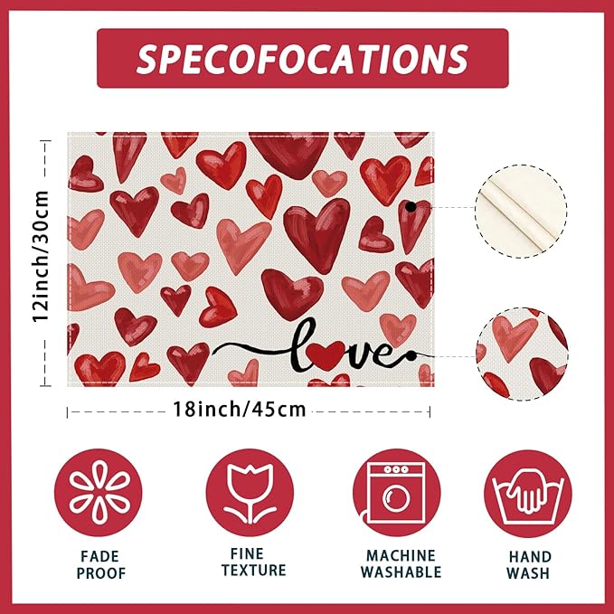 XCHI Watercolor Red Love Hearts Valentine?셲 Day Placemats Set of 4 Table Mats for Party Home Kitchen Dining Table Decorations 12x18 Inch