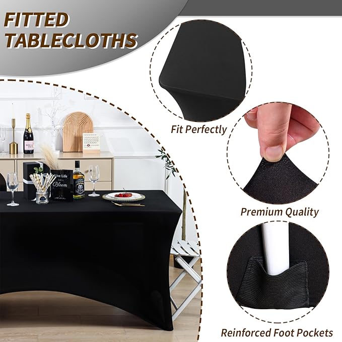 Fixwal 10 Pack Black Table Cloths Rectangle 8FT, Spandex Table Covers, Table Cloths for 8 Foot Rectangle Tables, Fitted Tablecloth (96Lx30Wx30H Inch)