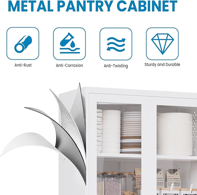 72" H White Steel Kitchen Pantry Cabinet with Glass & Metal, Steel Storage Cabinet with Adjustable Shelves, Heavy Duty Freestanding Utility Cabinet for Dining/Living Room, Assembly Required