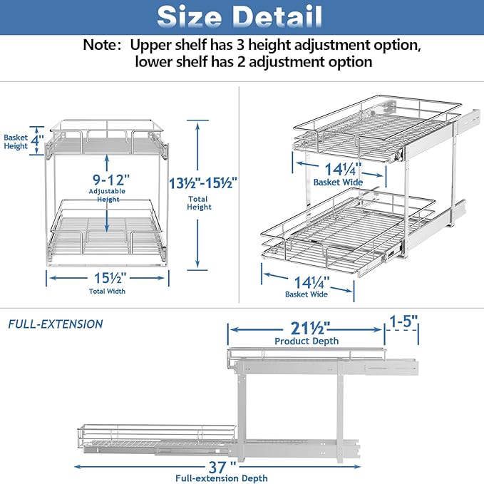 LOVMOR 2 Tier Individual Pull Out Cabinet Organizer 15쩍" W x 21쩍" D, Slide Out Kitchen Cabinet Storage Sliding Shelves