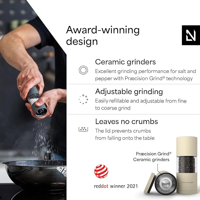 LARS NYS횠M Salt and Pepper Grinder Set, Manual Salt and Pepper Mills with Adjustable Ceramic Grinder, Design Spice Shaker Set (Almond Beige)