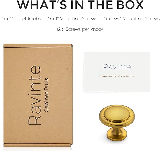 Ravinte 10 Pack 1-1/4 Inch Kitchen Cabinet Knobs Brushed Brass Zinc Pulls Door Handles for Dresser Drawers