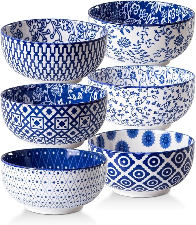 Cerkik Ceramic Soup Bowls Set - 23 Oz Deep Cereal Bowl for kitchen - 6 Inch Porcelain Salad Bowl for Pasta, Dessert, Ramen - Microwave Dishwasher Safe - Set of 6 - Vintage Blue