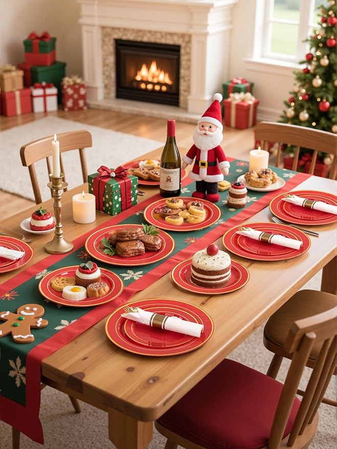 175 Pieces Red Plastic Plates with Gold Rim Include Dinner Plate 10?? Dessert Plate 7?? gold Cups 9 OZ, Pre Rolled Napkins 25 of each type for Party Valentine's Day