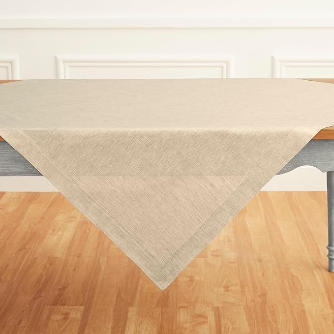 Solino Home Linen Cloth Tablecloth 52 x 52 Inch - 100% Pure Linen Champagne Beige Square Tablecloth - Athena, Machine Washable Table Throw for Spring, Easter