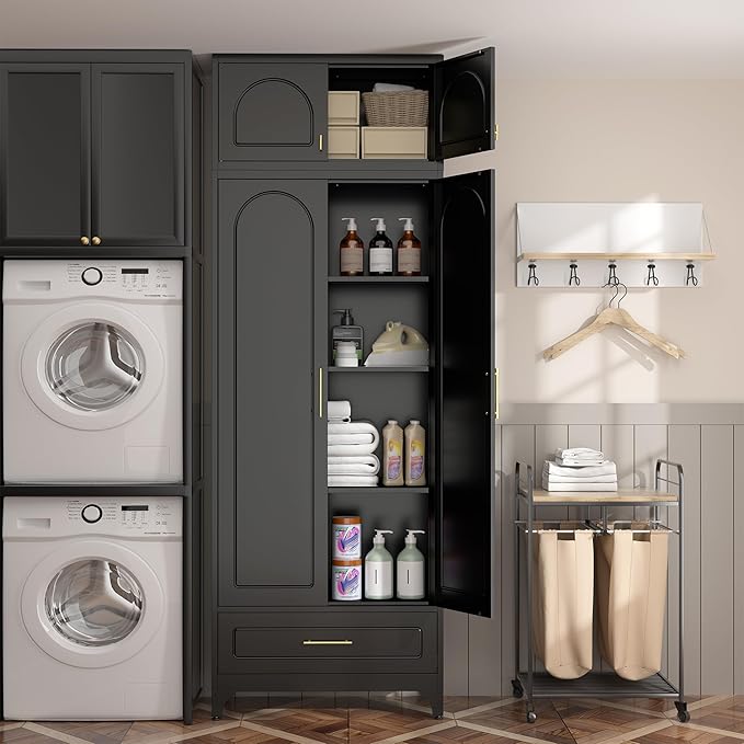 Kitchen Pantry Cabinet竊?0" Storage Cabinets with Doors and Shelves,Metal Pantry Cabinet with Drawers,White Kitchen Cupboard for Livingroom,Pantry, Bathroom