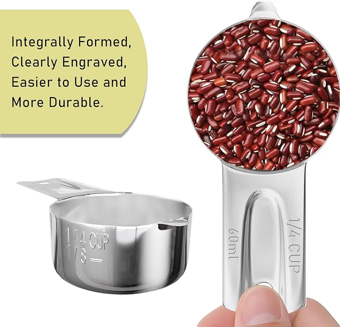 BERYLER 2PCS 1/4Cup (60ml, 2oz) Single Measuring Cup, Stainless Steel Measure Scoop, Metric and US Measurement, Dishwasher Safe