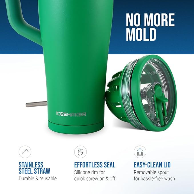 Ice Shaker 40 oz Tumbler with Handle and Straw | 40oz Green | Cold for 30+ Hours | 2-in-1 Tumbler Shaker Bottle | Odor-Free 40 ounce Bottle for Water, Protein Shakes, Smoothies, Cocktails