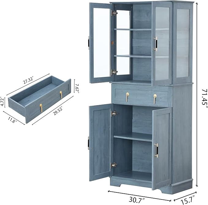 71'' Tall Pantry with Great Showcase&Storage, Pantry Cabinet with Glass Doors for Display,Removable and Adjustable Shelves for conveninet Storage, for Kitchen, Blue