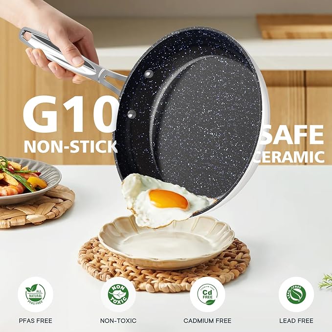Nuwave 3-Piece 8?? 10?? 12??Forged Lightweight Frying Pan Set, G10 Healthy Duralon Blue Ceramic Ultra Non-Stick, Ergonomic Stay-Cool Handles, Induction-Ready & Works on All Cooktops