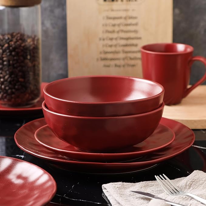 Stone Lain Sam Porcelain 32-Piece Round Dinnerware Set, Red