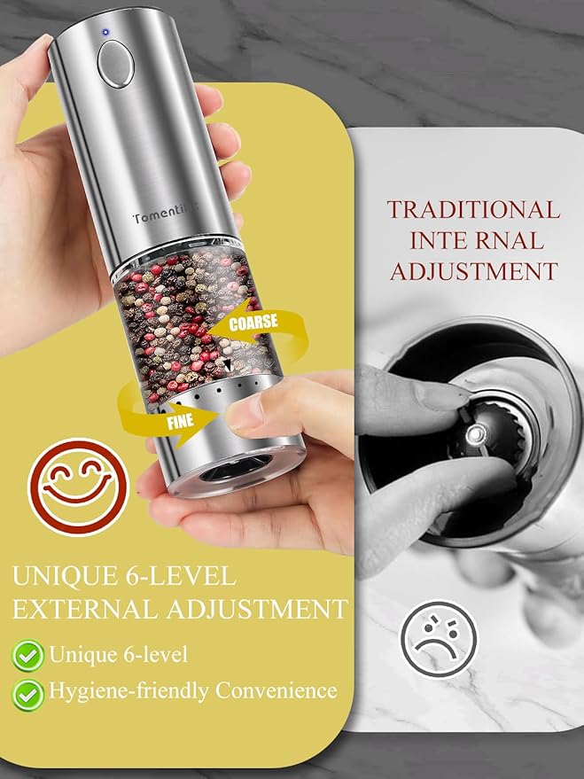 [Upgraded Larger Capacity] Tomentific Electric Salt and Pepper Grinder Set with Storage Base, Stainless Steel Pepper Mills with Washable Container, White LED Light, External Adjustable Coarseness