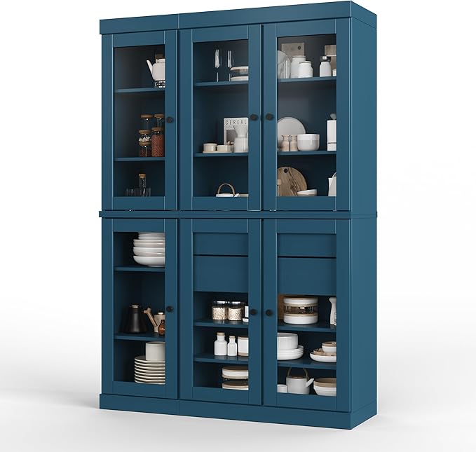 Palace Imports 100% Solid Wood 48.5" Pantry China Cabinet with Clear Glass Doors, 2-Drawers and Adjustable Shelves (Teal Blue)