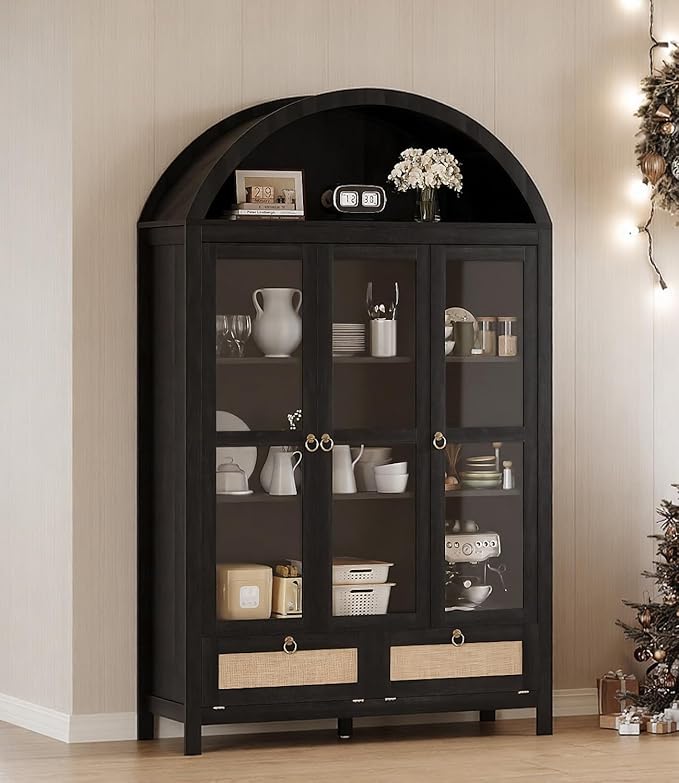TYBOATLE 75 Inch Arched Cabinet Classic Farmhouse Design w/Three Glass Doors, Arch Cabinet w/Rattan Drawers and Anti-Tipping Device, Versatile Cupboard for Kitchen, Bathroom, Black