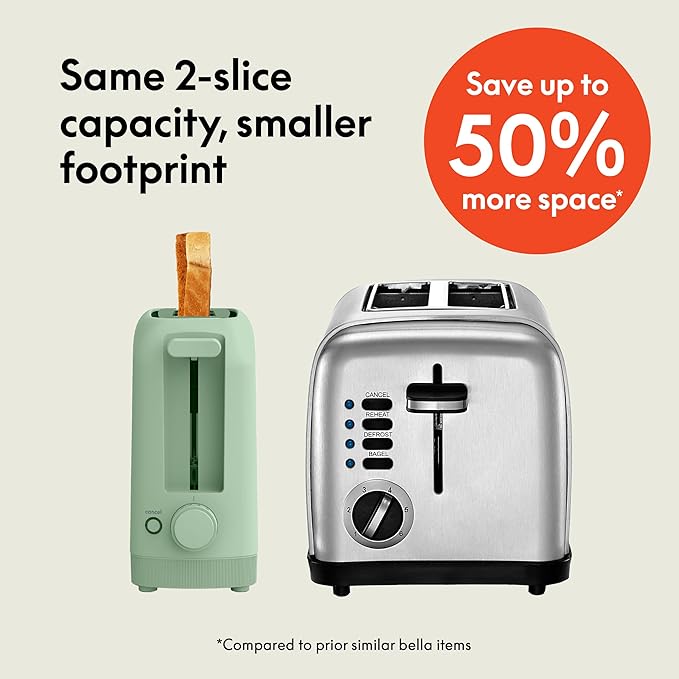 bella 2 Slice Slim Toaster, Fits-anywhere??Kitchenware, 6 Setting Shade Control with Reheat & Cancel Buttons, Fits Sourdough, 10??Long Slot, Anti Jam & Auto Shutoff, 900 Watt, Seaglass