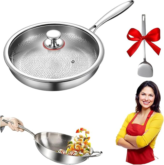 Titanium Pan with Hammer & Lid & Shovel, Titanium & Stainless Steel Pro Cookware, Scratch-Resistant & Durable Nonstick Cookware, Multifunctional Pots and Pans Set (11.81in)
