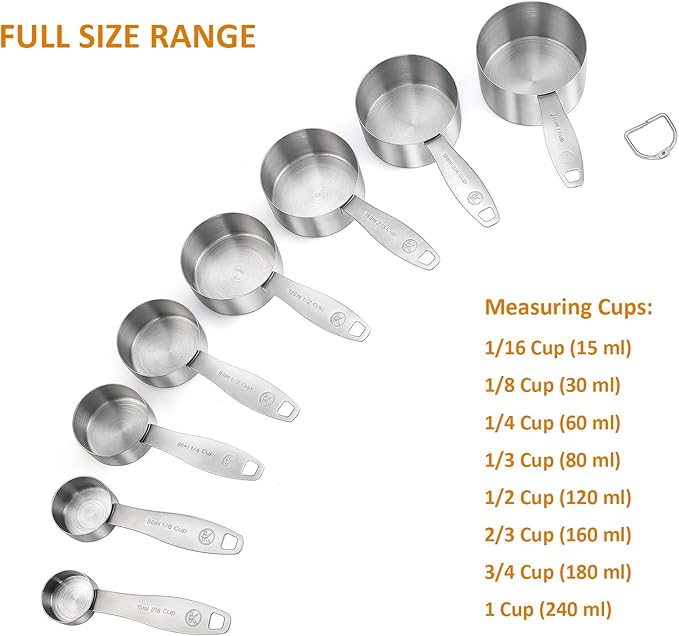 Stainless Steel Measuring Cups, 8 Piece Heavy Duty Measuring Cups Set in 18/8 Steel with Ergonomic Handle