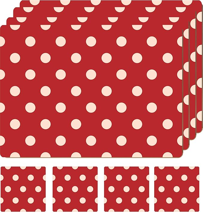 Moderry Set of 4 Heat Resistant Cork Placemats for Dining Table with Free Set of 4 Matching Drink Coasters Cream & Red Polkadot Design 16 x 12 Inches Cork Backed Hard Placemats (Red Polkadot)
