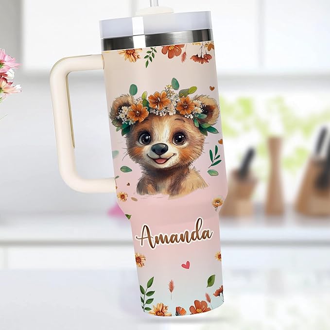 AGGLOMEKC Personalized Cute Bear Cup - Mother's Day Birthday Gift For Animal Lovers - Just A Girl Who Loves Bear Tumbler 40oz With Custom Name - Pet Lover Gifts For Women, Her