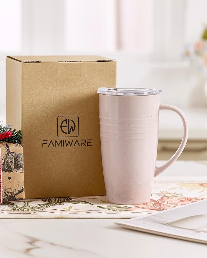 famiware Jupiter Large Coffee Mug, 20oz Coffee Mug with Lid, Ceramic Cup with Handle for Latte, Tea, Cocoa, Milk, Home & Office, Microwave and Dishwasher Safe, Light Pink
