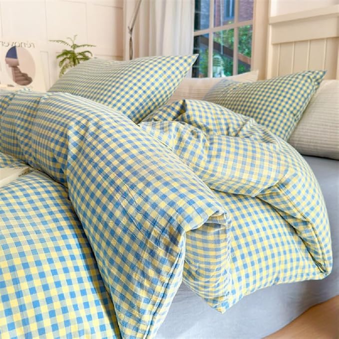 LifeTB Blue Yellow Gingham Comforter Set King 3 Pieces Soft Fluffy Grid Checkered Pattern Comforter with 2 Pillowcases Farmhouse Gingham Bedding Set Modern Style Geometric Plaid Comforter Set