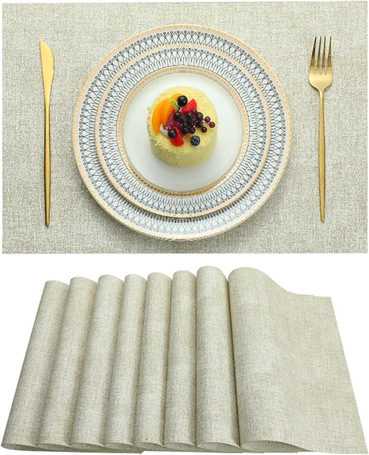 LQICAI Placemats Set of 8 Washable Heat Resistant Place Mats PVC Woven Dining Table Mat Beige 8pcs