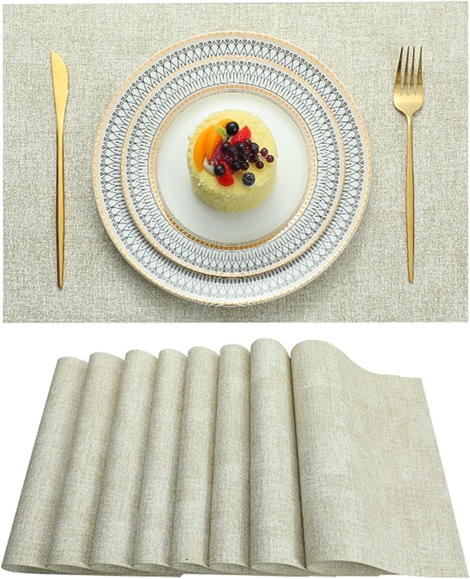 LQICAI Placemats Set of 6 Washable Heat Resistant Place Mats PVC Woven Dining Table Mat Beige 6pcs