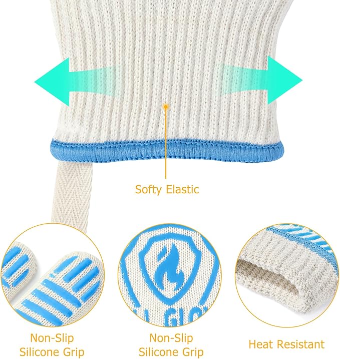 QUWIN BBQ Gloves, Oven Gloves 1472??Extreme Heat Resistant, Grilling Gloves Silicone Non-Slip Oven Mitts, Kitchen Gloves for BBQ, Grilling, Cooking, Baking-1 Pair??(Blue, One Size(Long Cuff))