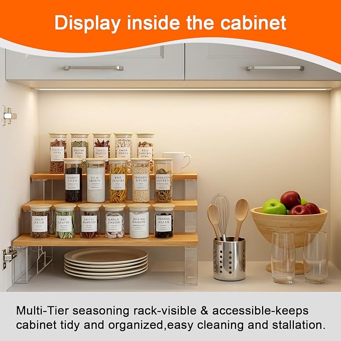 junyuan Spice Rack,3 Tier Spice Organization for Cabinet,Seasoning Organizer,Kitchen Counter Shelf,Bamboo Tiered Display Stand,Clear Extended Width 14"