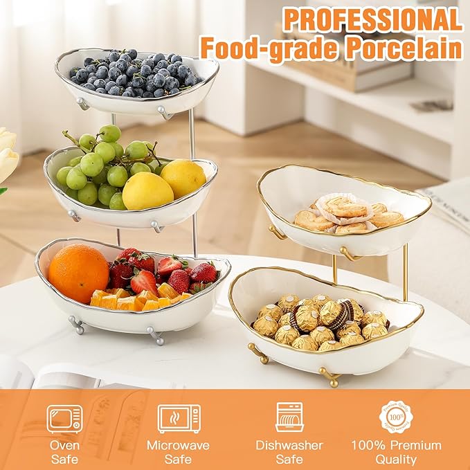 Ceramic Fruit Bowl for Kitchen Counter - 3 Tier Fruit Basket with Metal Stand, Tiered Fruit Stand for Countertop, Snack, Nuts, Cake, Dessert, Cute (Gold-rimmed, Small)
