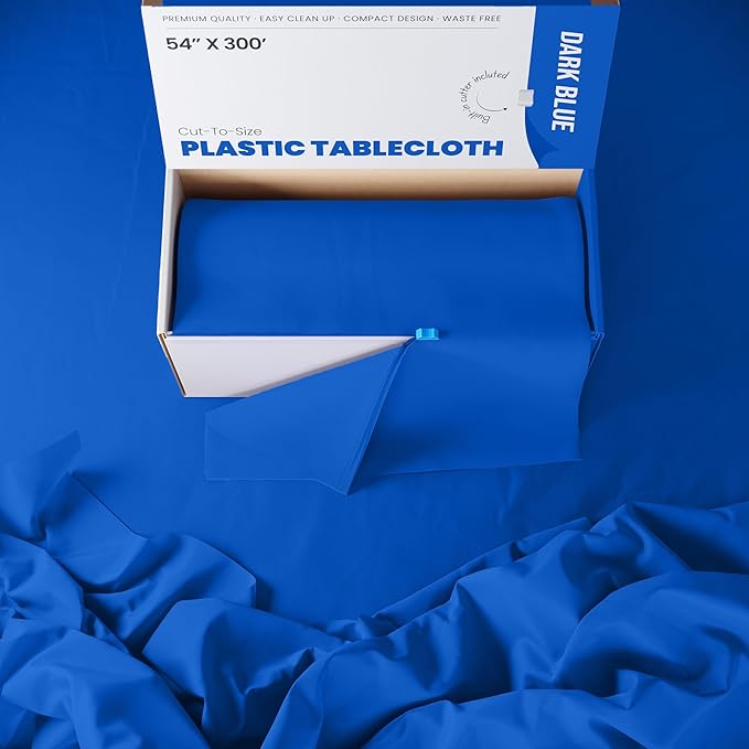 Exquisite Dark Blue Plastic 54x300 inches Rectangular Tablecloth Roll with Built-in Cutter - 300 Feet, All-Season, 1 Count