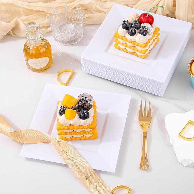 supernal 200Pcs White Dessert Plates 6" with Gold Plastic Forks 5.7",White Disposable Square Plates for 100 Guests, Including 100 Plastic Appetizer Plates and 100 Dessert Forks for Party