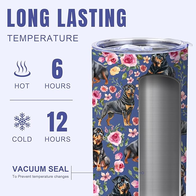 Yogusut Rottweiler Gifts for Women, 20oz Stainless Steel Insulated Tumbler Travel Mug Cup with Lid Straw Brush, Gifts for Dog Mom Dog Lover